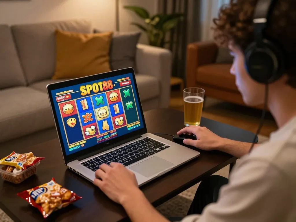 Player enjoying Slot88 online gaming from home with vibrant screen and cozy setting