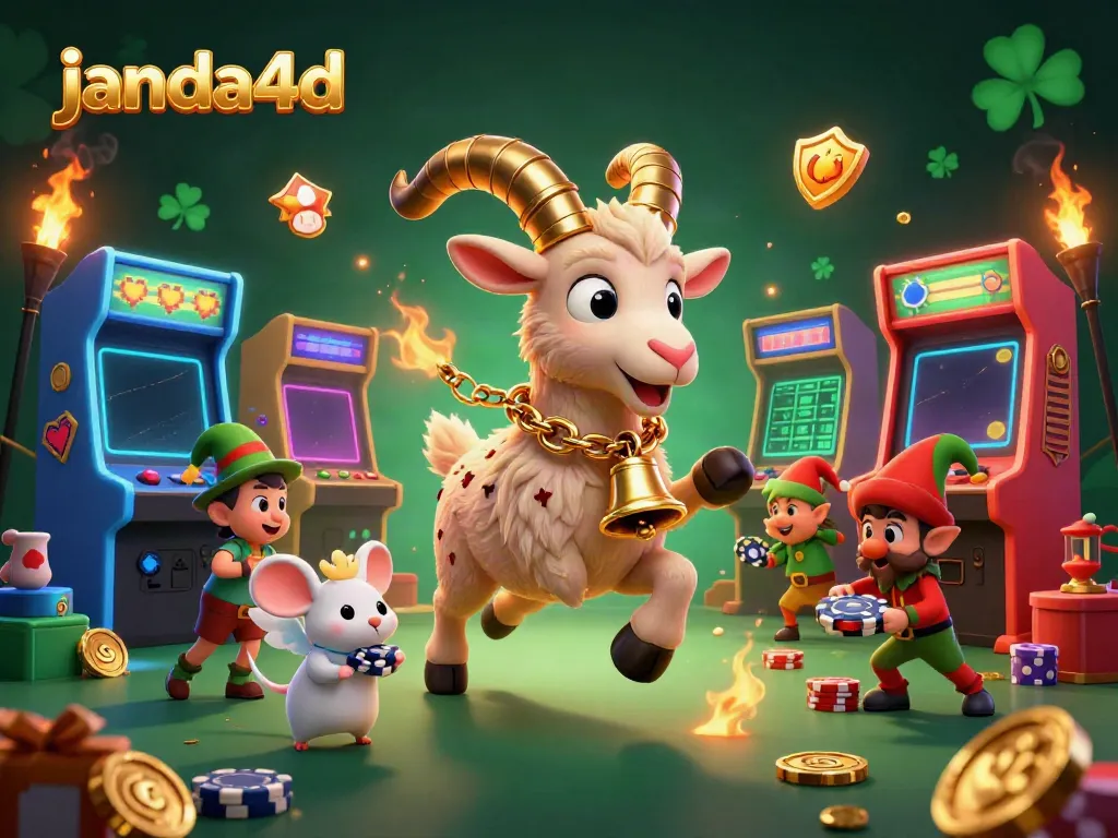 Permainan janda4d dengan karakter kartun 3D dan mesin game warna-warni di latar belakang.