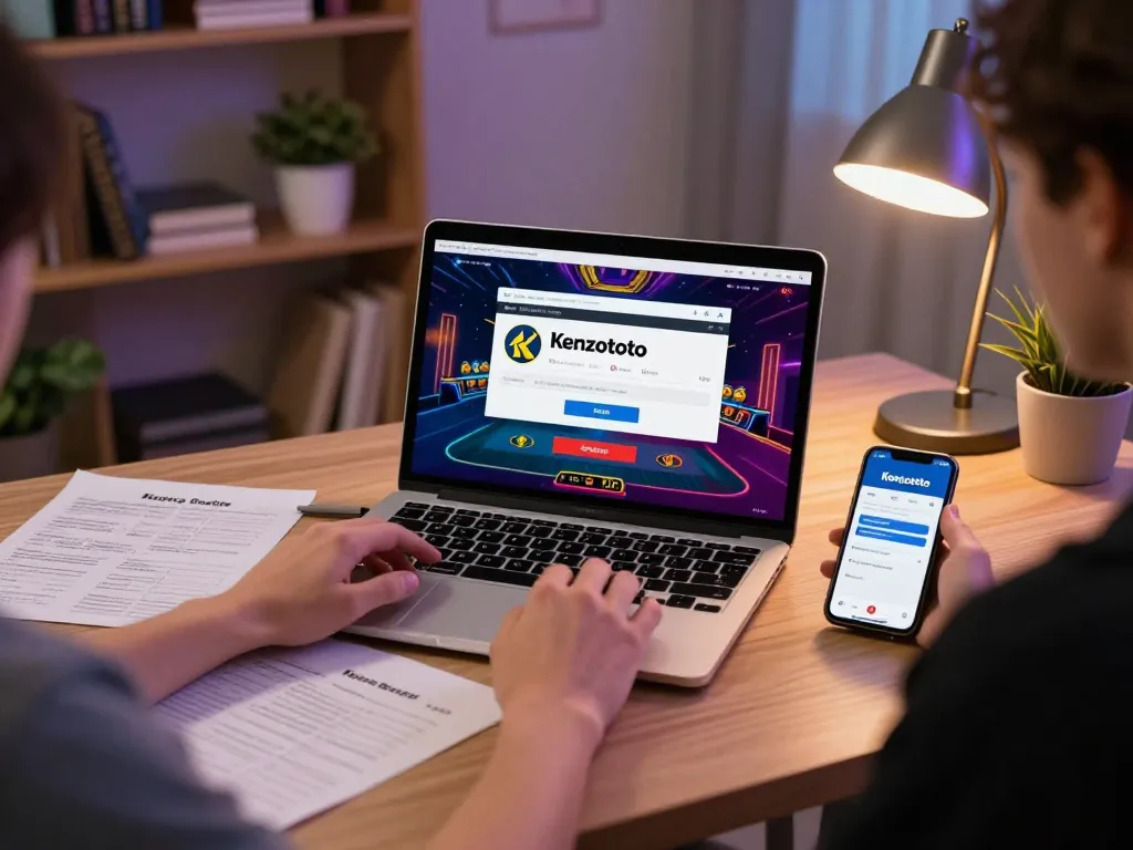 Login Kenzototo di layar laptop dengan catatan strategi permainan online dan aplikasi smartphone dalam pengaturan yang nyaman.