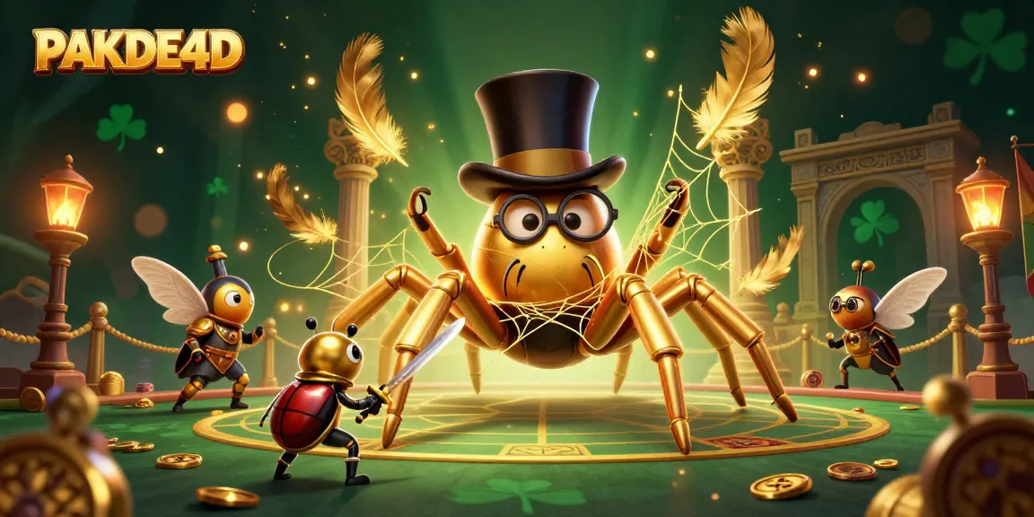 PAKDE4D menyajikan ilustrasi menarik dengan tarantula emas dan ksatria beetle di arena kasino.