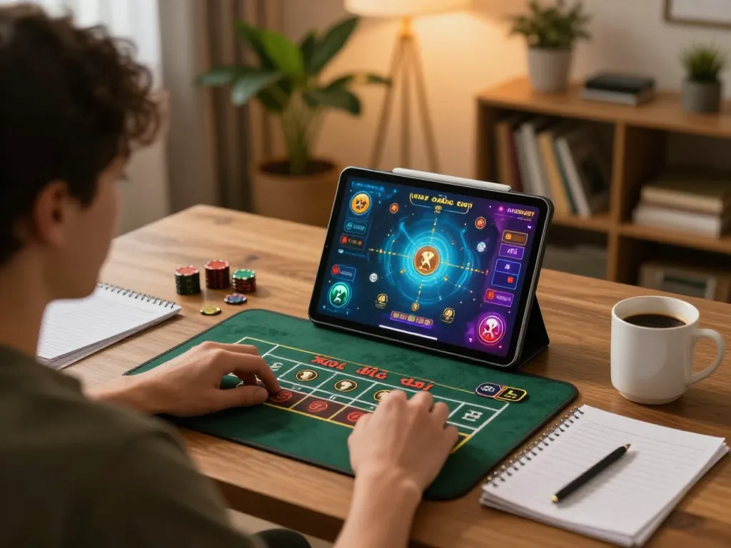 Xóc đĩa gameplay displayed on tablet during a cozy home gaming session with warm lighting.