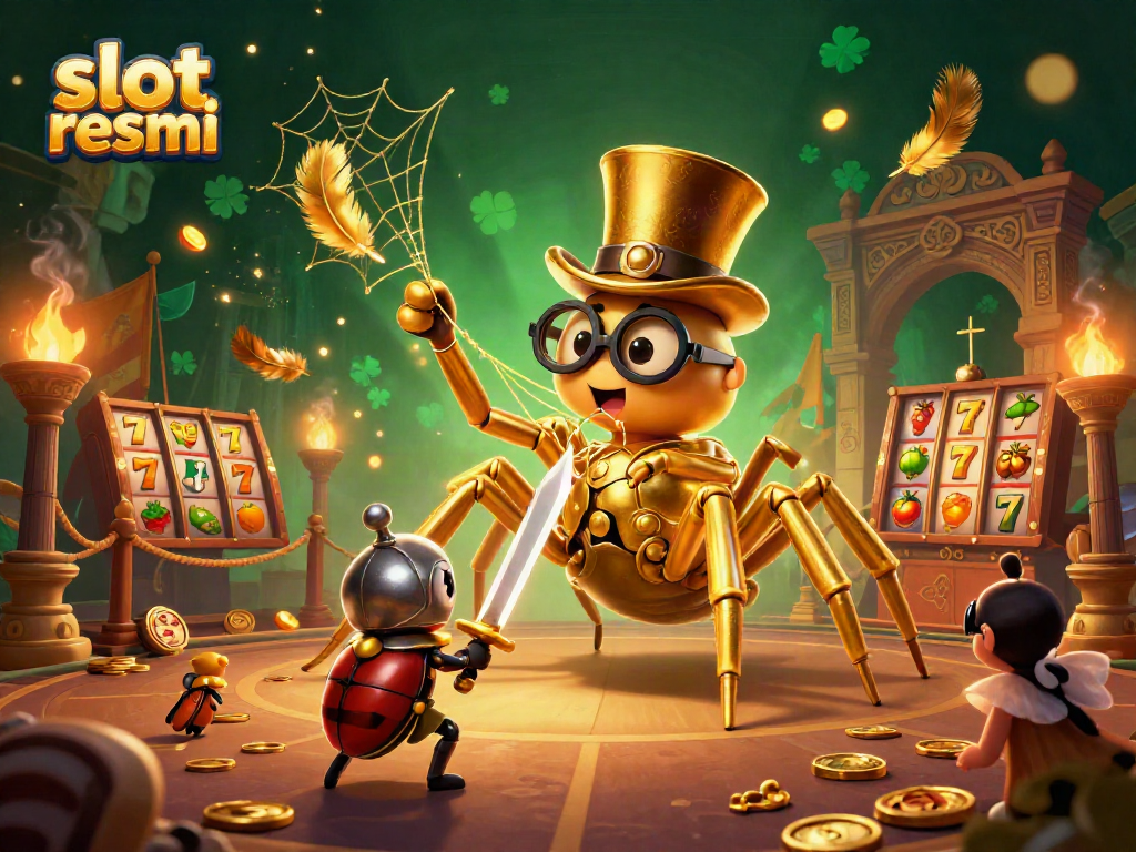 Engage in slot resmi adventures with a giant tarantula weaving golden threads in a vibrant casino scene.