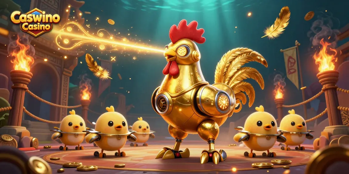 Experience the excitement of Caswino Casino with a vibrant illustration of a golden rooster robot and playful chick drones.