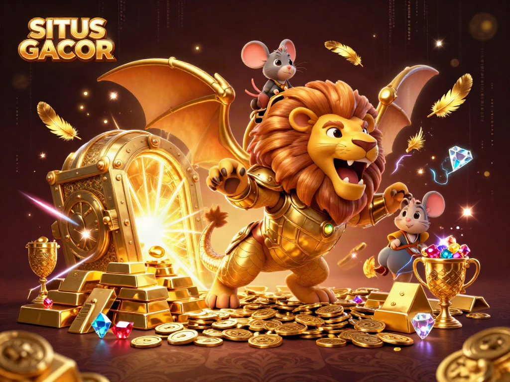 SITUS GACOR showcases an epic scene with a chimera creature, golden treasures, and vibrant casino elements.