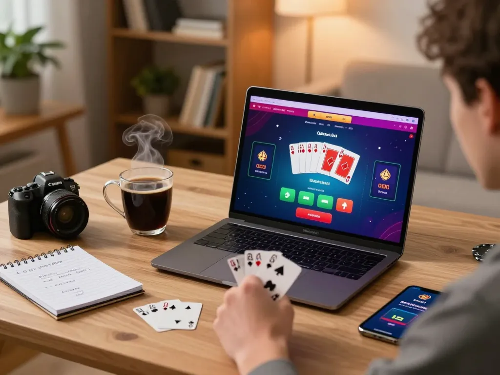 Engage in Poker Online Domino QQ with a lively home gaming setup featuring a laptop and strategy notes.