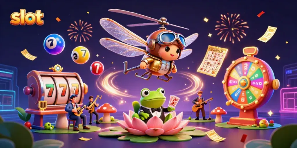 Experience the thrill of slots with a vivid dragonfly pilot and frog croupier in a vibrant casino scene.