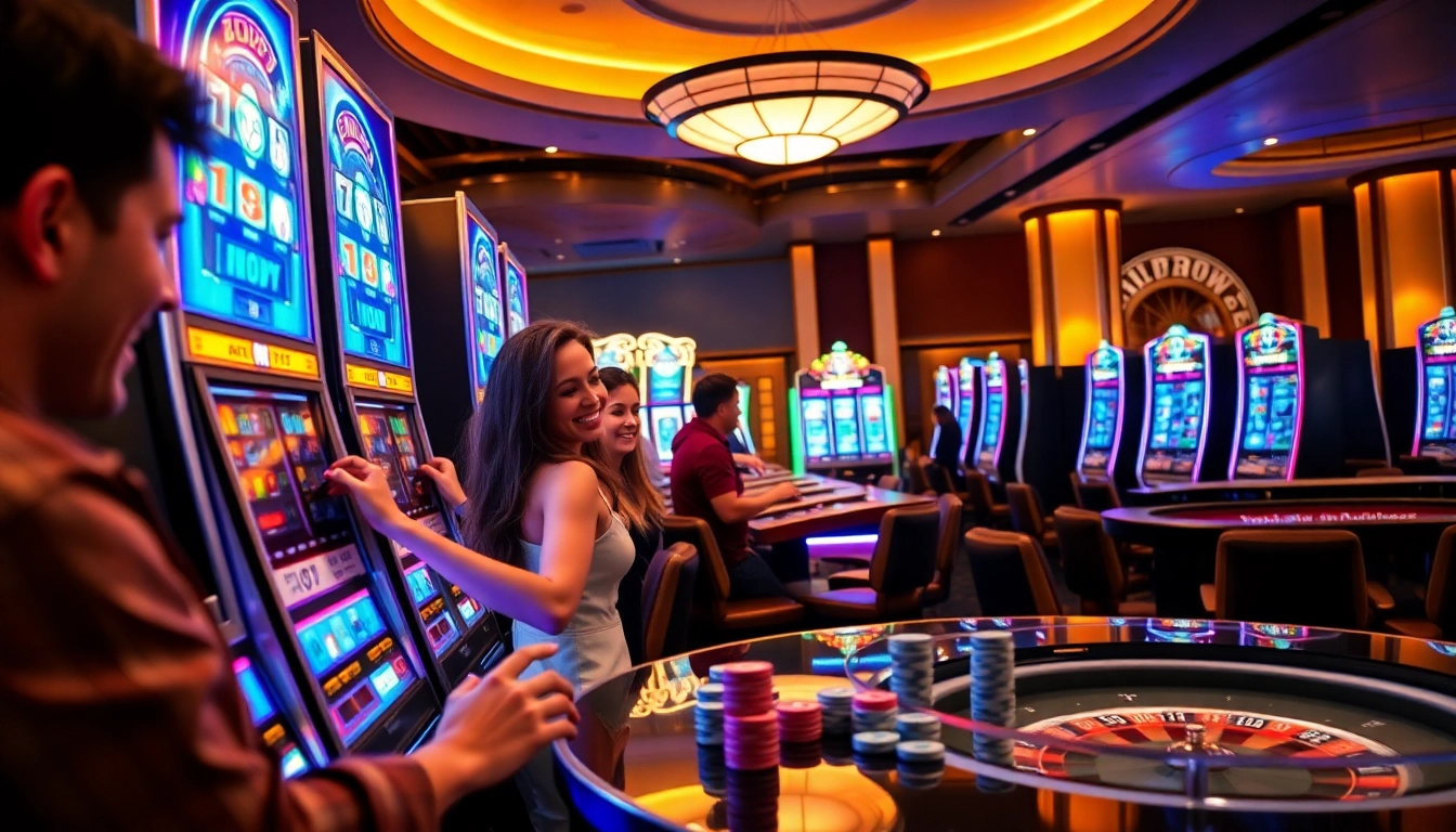 Excited players enjoying idn slot games in a vibrant casino atmosphere with slot machines and poker chips.