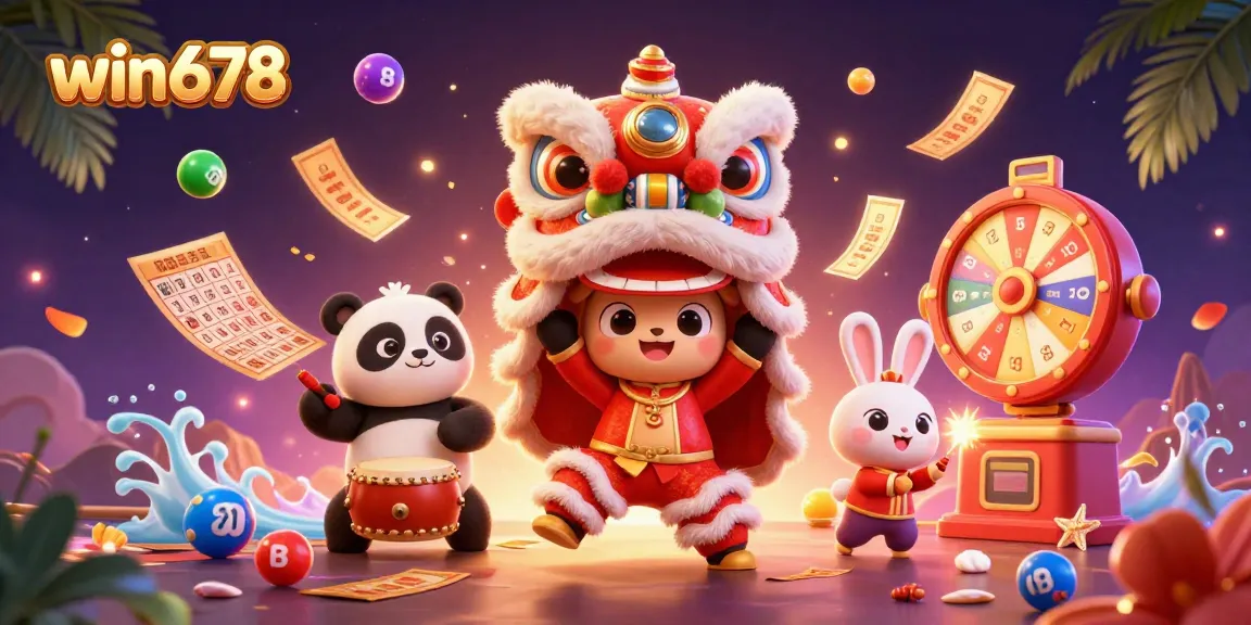 Win678 features an exciting 3D lion dance with vibrant casino elements creating a thrilling atmosphere.