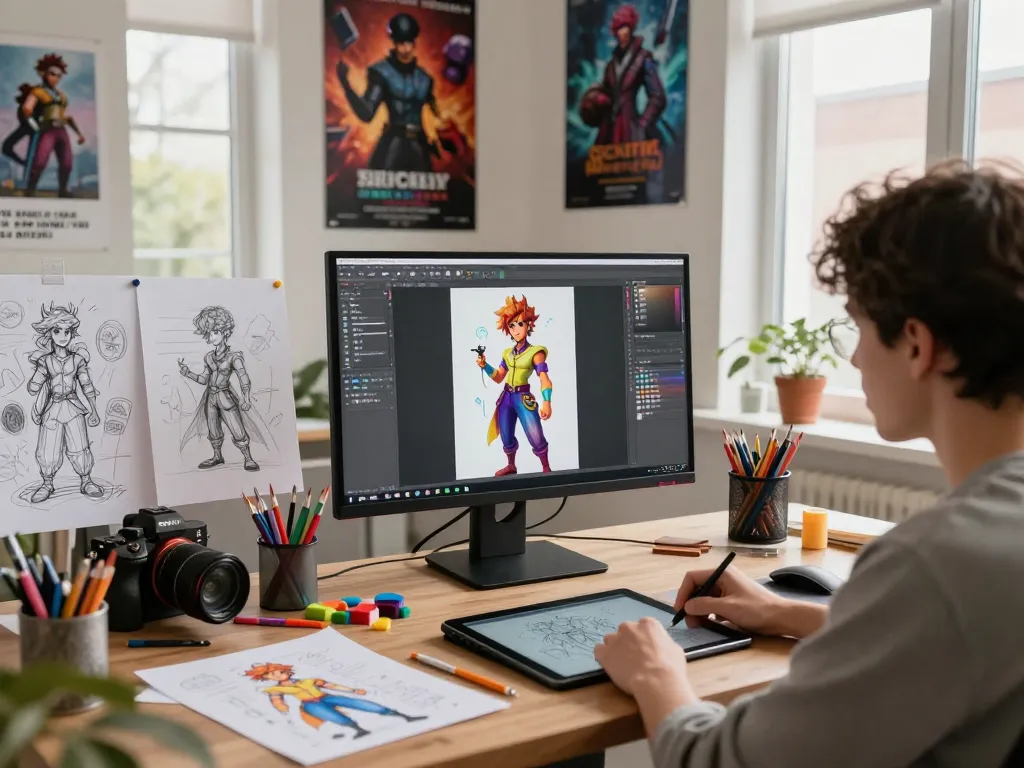 Creating engaging NSFW AI character designs in a colorful digital workspace with art supplies.