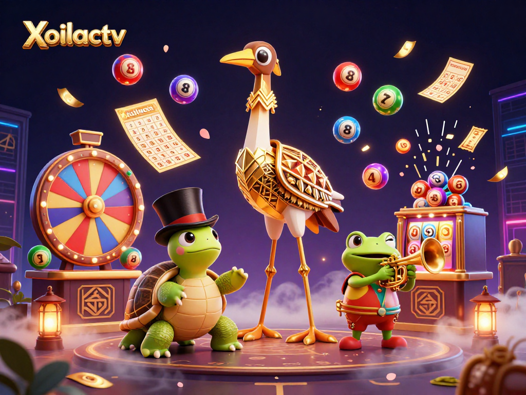 Xoilactv showcases vibrant lottery action with colorful balls and engaging characters in an energetic casino scene.