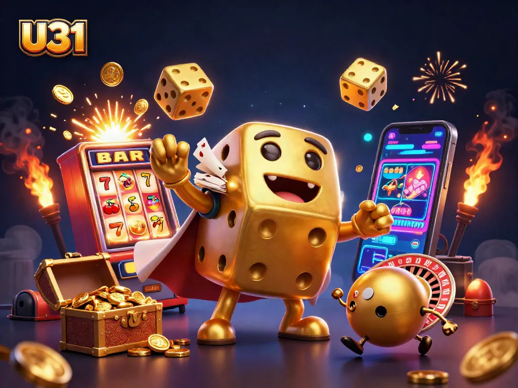 U31's vibrant online casino scene featuring dynamic golden dice characters and a jackpot explosion