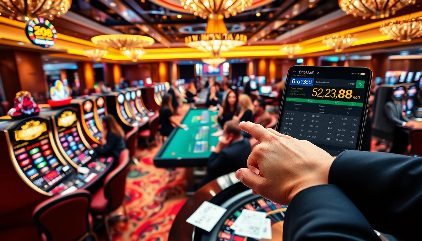 Experience the thrill of Bro138 at a luxurious casino with slot machines and poker tables.