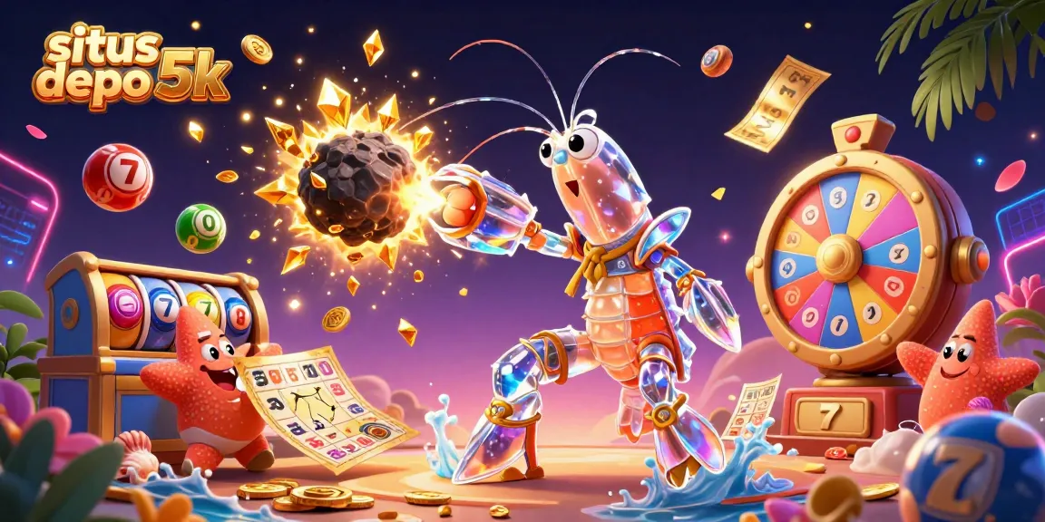 Situs depo 5k showcases players winning big by interacting with slot machines and colorful lottery elements.