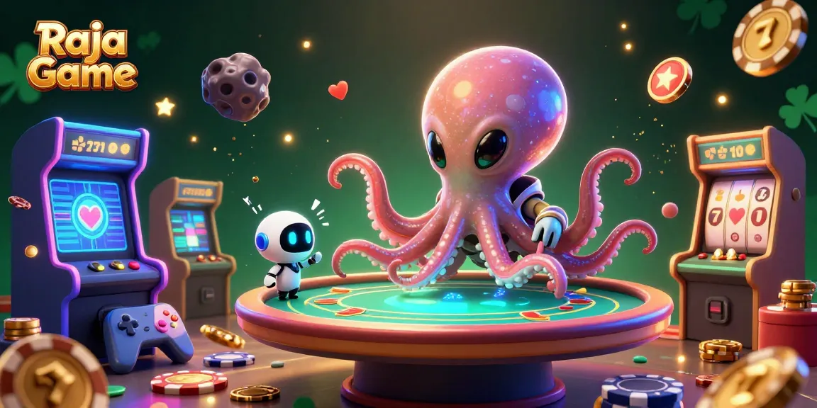 Engage in thrilling games with Raja Game as a vibrant alien octopus manages a virtual poker table.