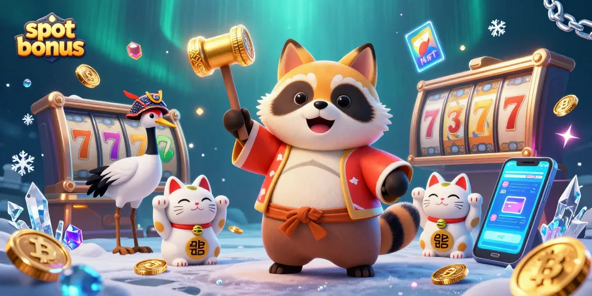 Engage with the exciting slot bonus world featuring a cheerful tanuki, colorful maneki-neko, and vibrant slot symbols.