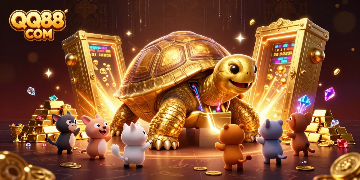 Join the excitement at QQ88 COM with a dazzling casino scene packed with treasures and playful characters.