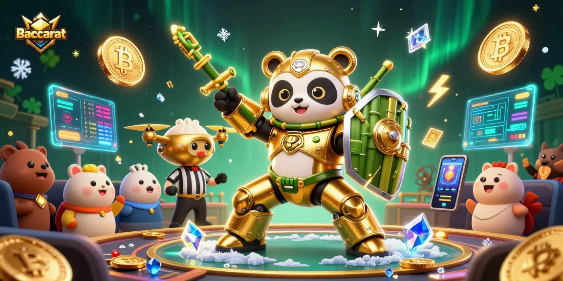 Experience the excitement of Baccarat with a dynamic casino showdown featuring golden panda and bamboo robot.