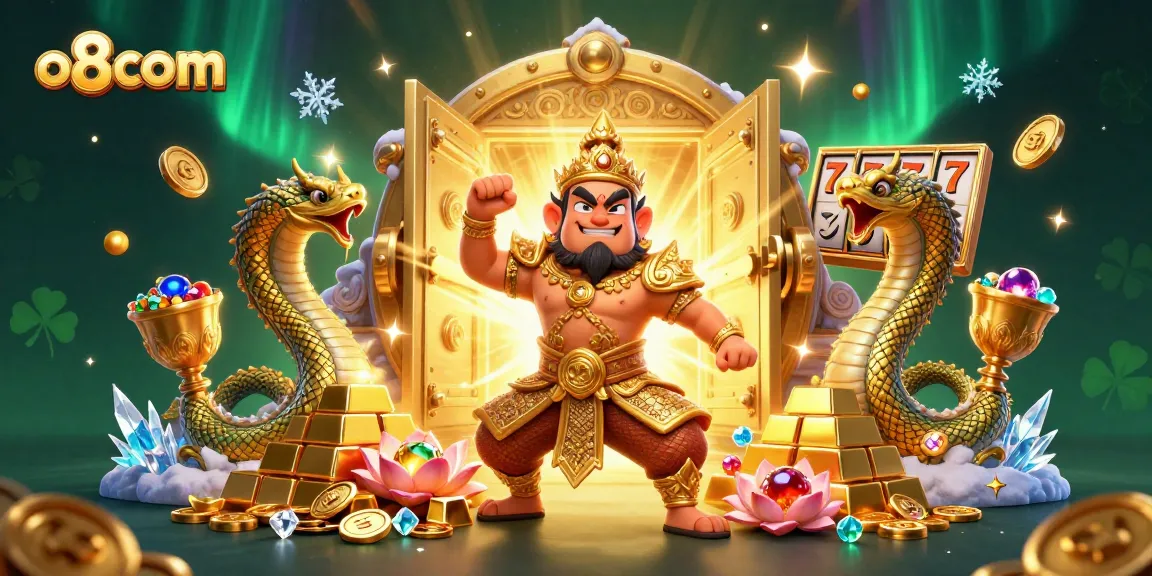 Engage with o8com's thrilling casino experience featuring a golden yaksha guardian and jackpot treasures.
