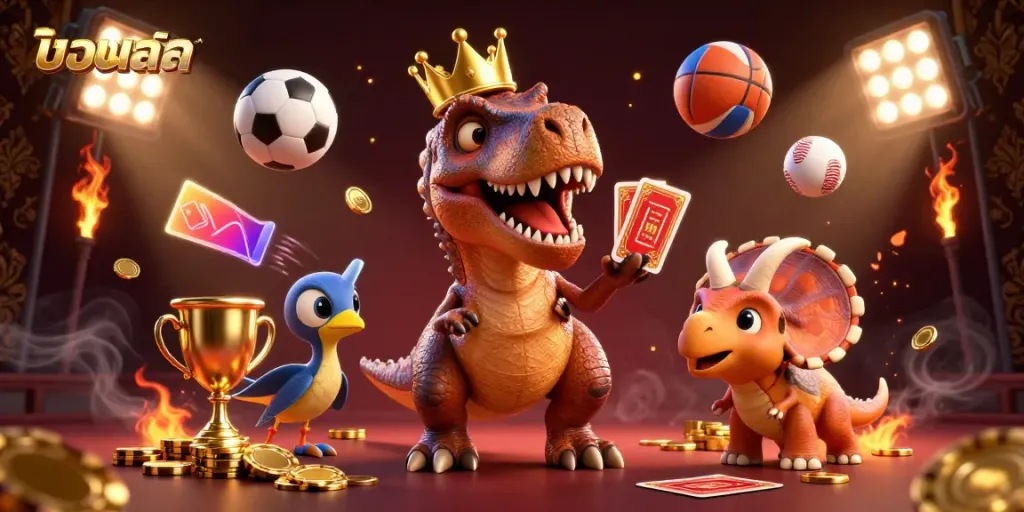 A dynamic scene depicting the friendly T-Rex shuffling cards with its tiny arms surrounded by sports balls, highlighting the concept of บอลสด.
