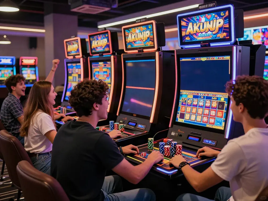 A vibrant casino scene with friends enjoying akunjp slot machines amidst bright lights and cheering.