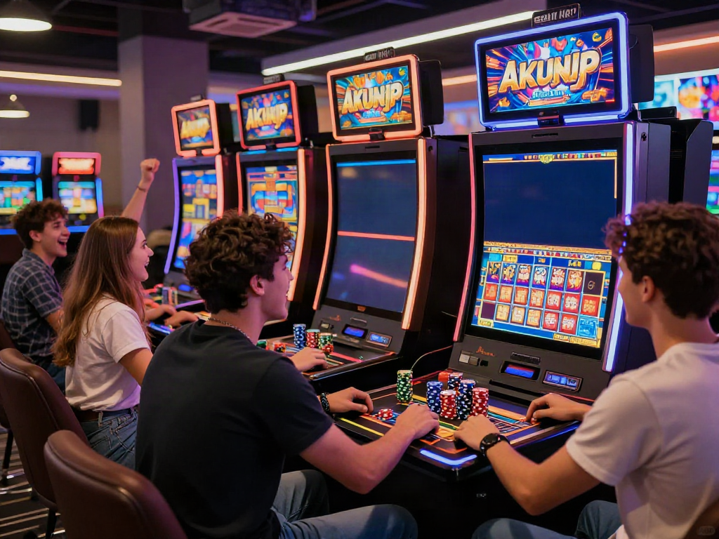 A vibrant casino scene with friends enjoying akunjp slot machines amidst bright lights and cheering.