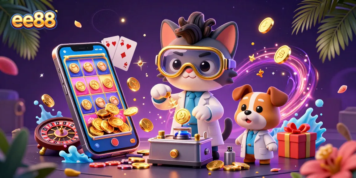 Engage in thrilling gameplay with ee88's dynamic casino scene featuring a mad scientist cat and dog in a vibrant lab.