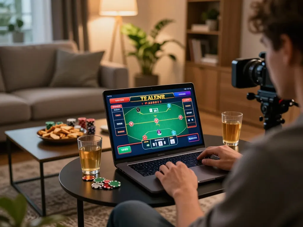 Gambling online at home with nhacaiuytin poker game interface on laptop in a cozy setting