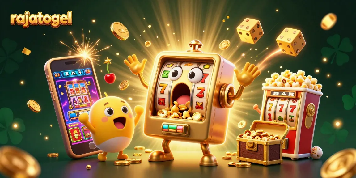 Win big with rajatogel in this lively illustration showcasing golden slot machines and casino excitement.