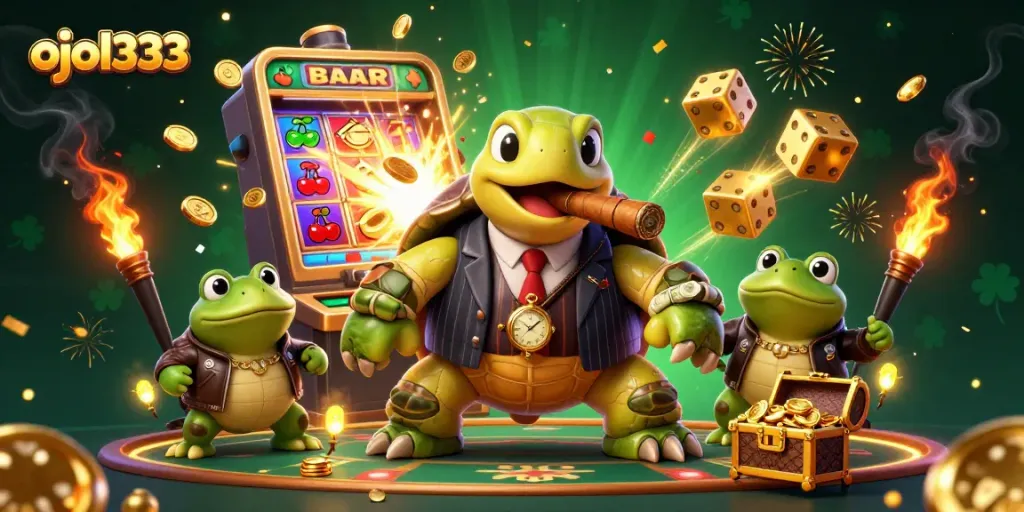 Experience ojol333's exciting jackpot with cartoon turtle mobsters, dynamic casino symbols, and vibrant gameplay.