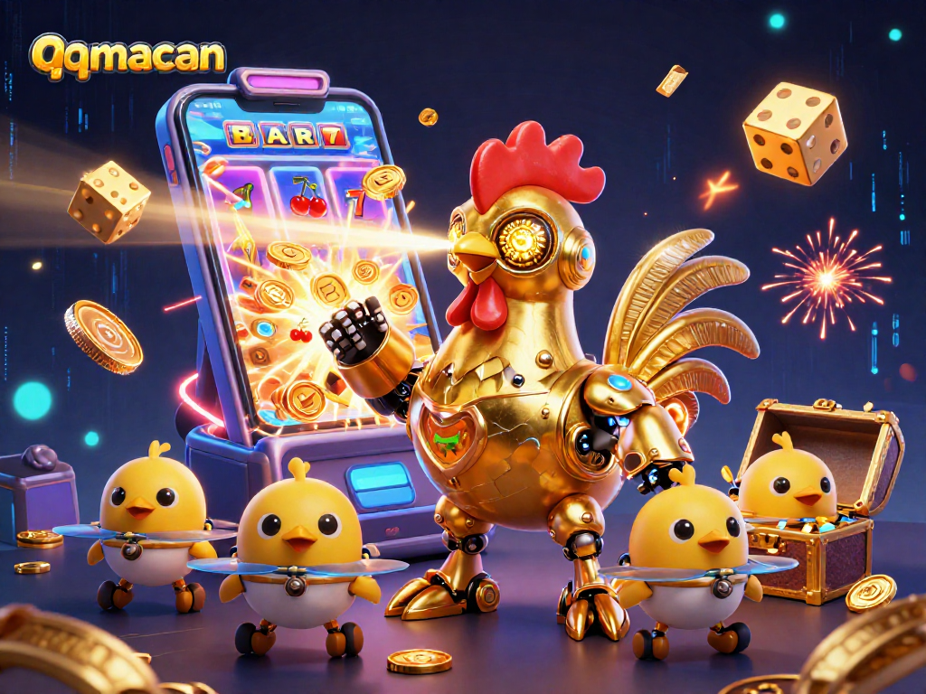 Win big with qqmacan at a vibrant online casino featuring retro-futuristic elements!
