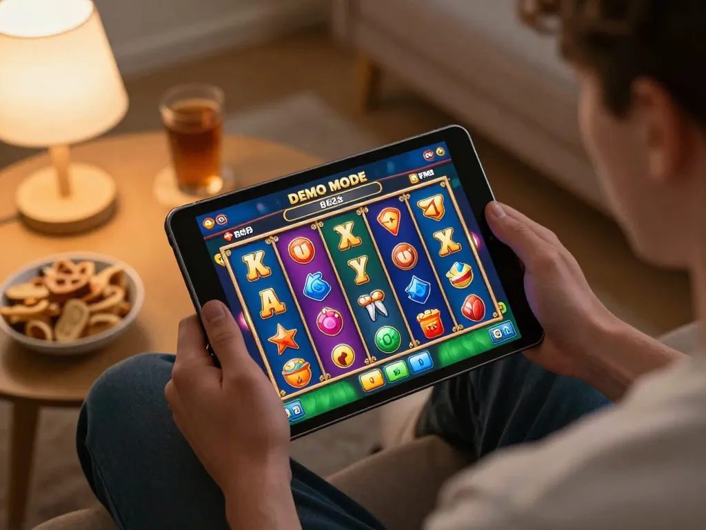 Player enjoying FAFA828 demo mode on tablet in a cozy home setting with snacks and warm lighting.
