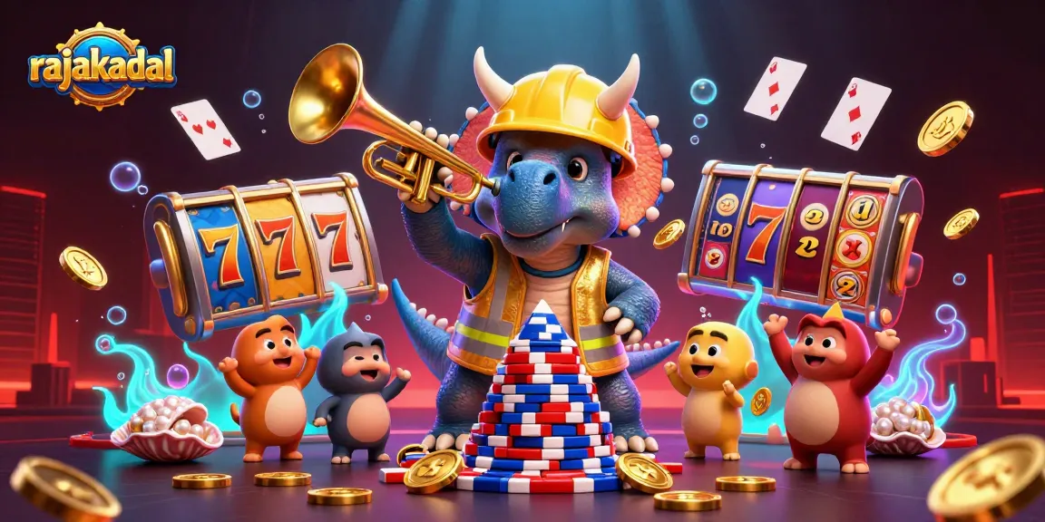 rajakadal menampilkan dinosaur berkostum bersenang-senang sambil membangun piramida chip poker di kasino.