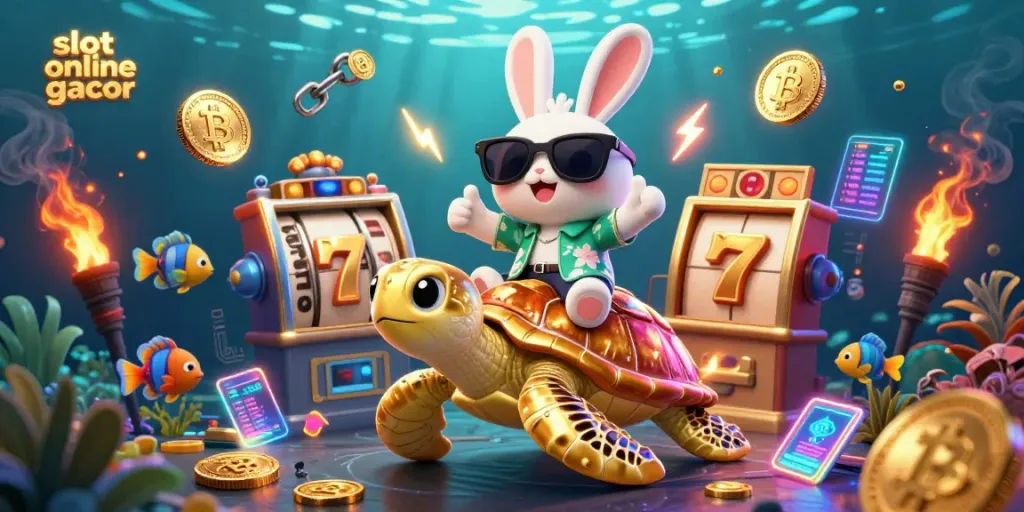Engage with slot online gacor featuring a lucky rabbit, golden sea turtle, and vibrant slot elements.