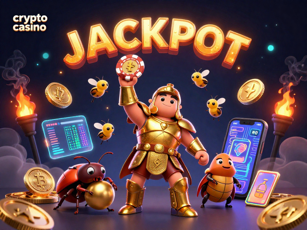 Experience the thrill of a crypto casino with a victorious beetle and vibrant crypto elements.