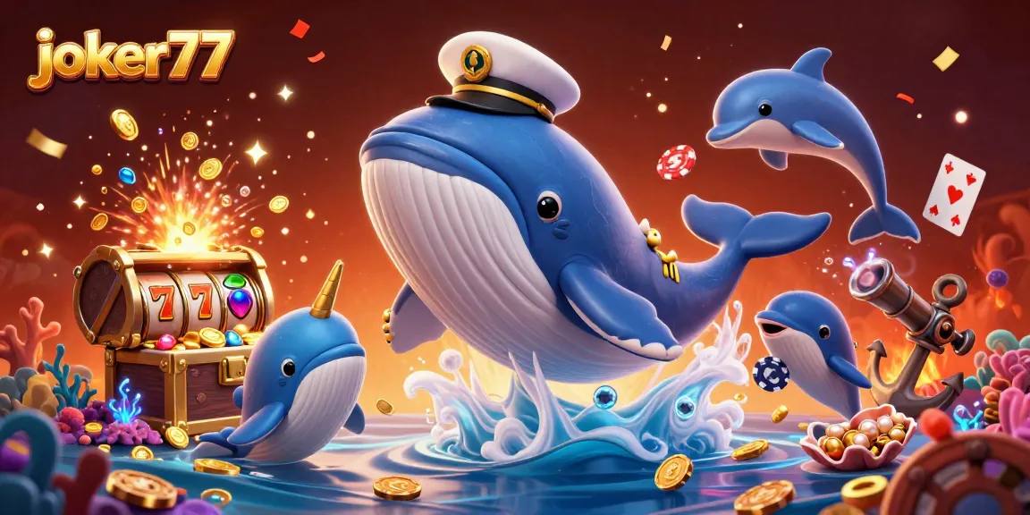 Experience the excitement of joker77 with vibrant characters and slot elements in a celebratory underwater scene.