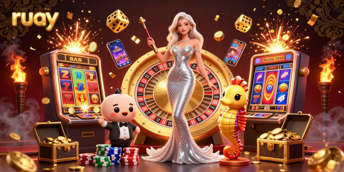 สัมผัสความตื่นเต้นในการเล่นเกม ruay ด้วยภาพประกอบ 3D ที่สดใสของนางเงือกและม้าน้ำที่วงล้อรูเล็ต พร้อมเฉลิมฉลองแจ็คพอต