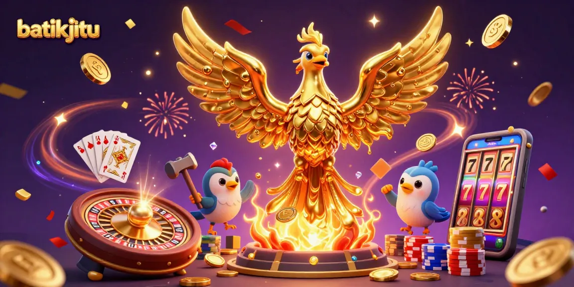 Batikjitu menciptakan suasana kasino dengan phoenix emas, koin, dan permainan menarik.