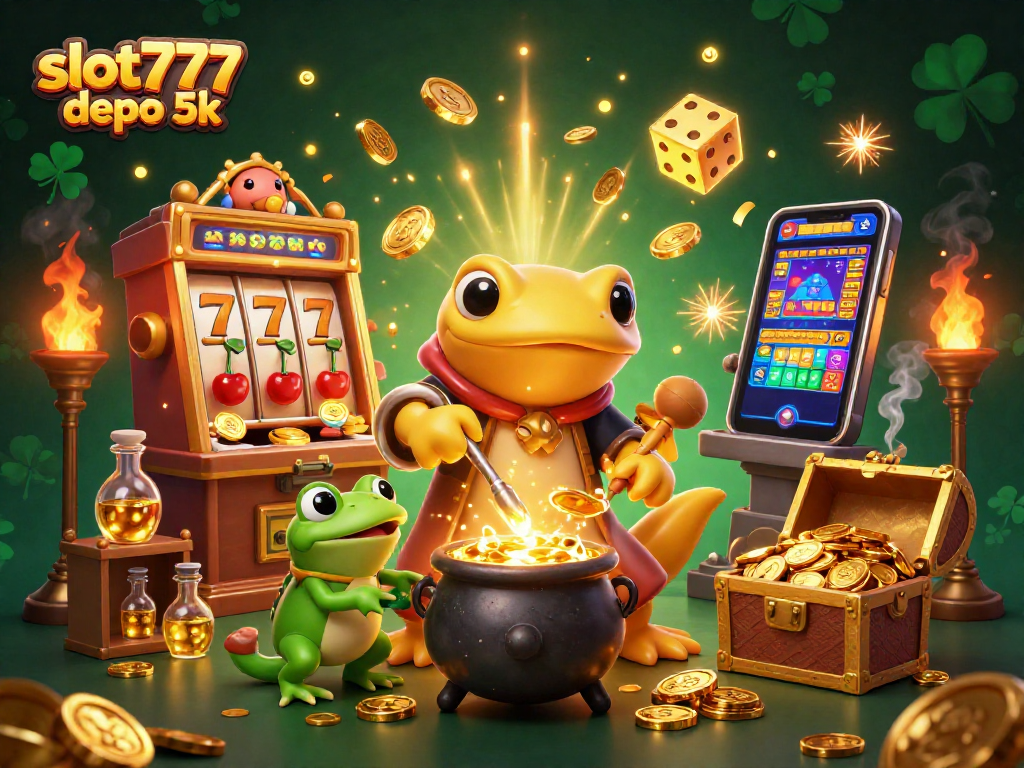 Experience the excitement of slot777 depo 5k with colorful casino symbols and gold elements.