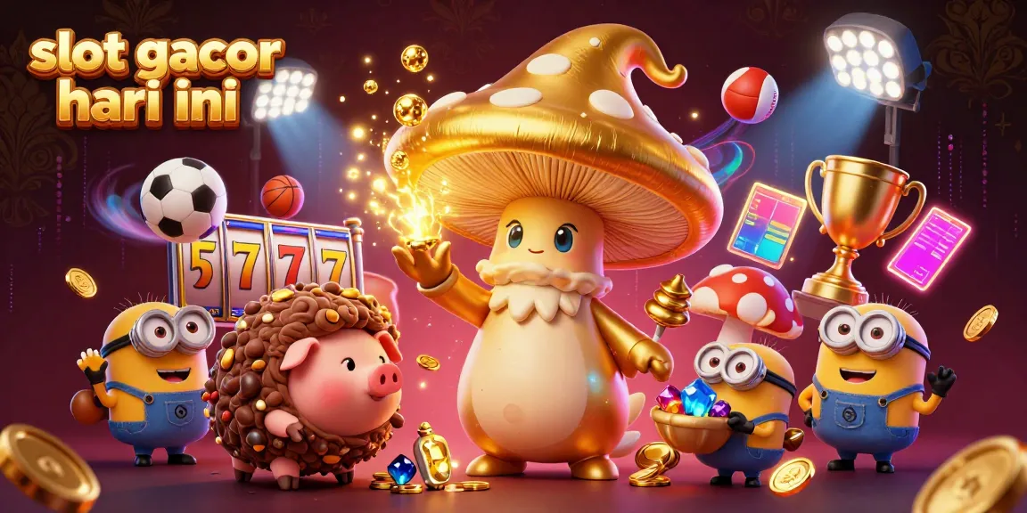 Visualisasi slot gacor hari ini yang menampilkan penyihir jamur emas dan elemen kasino penuh warna.