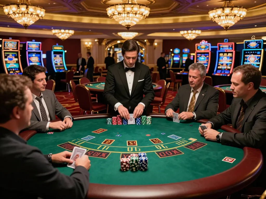 Players engaged at a Q88 blackjack table strategizing their moves in an upscale casino atmosphere.