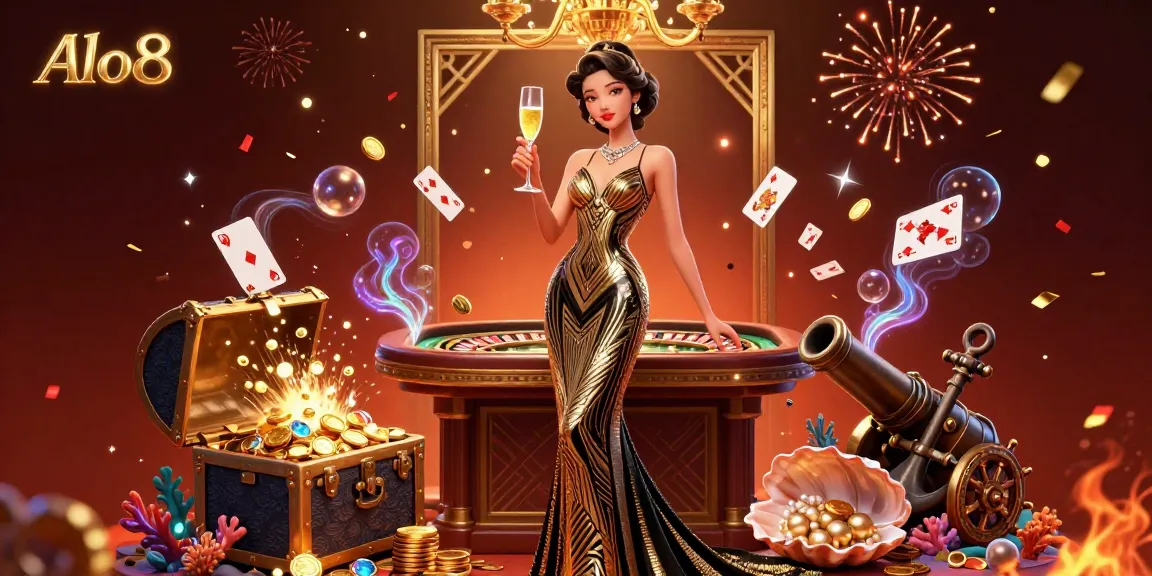Alo8 showcases a glamorous casino experience with an elegant woman and vibrant gaming elements in a festive atmosphere.