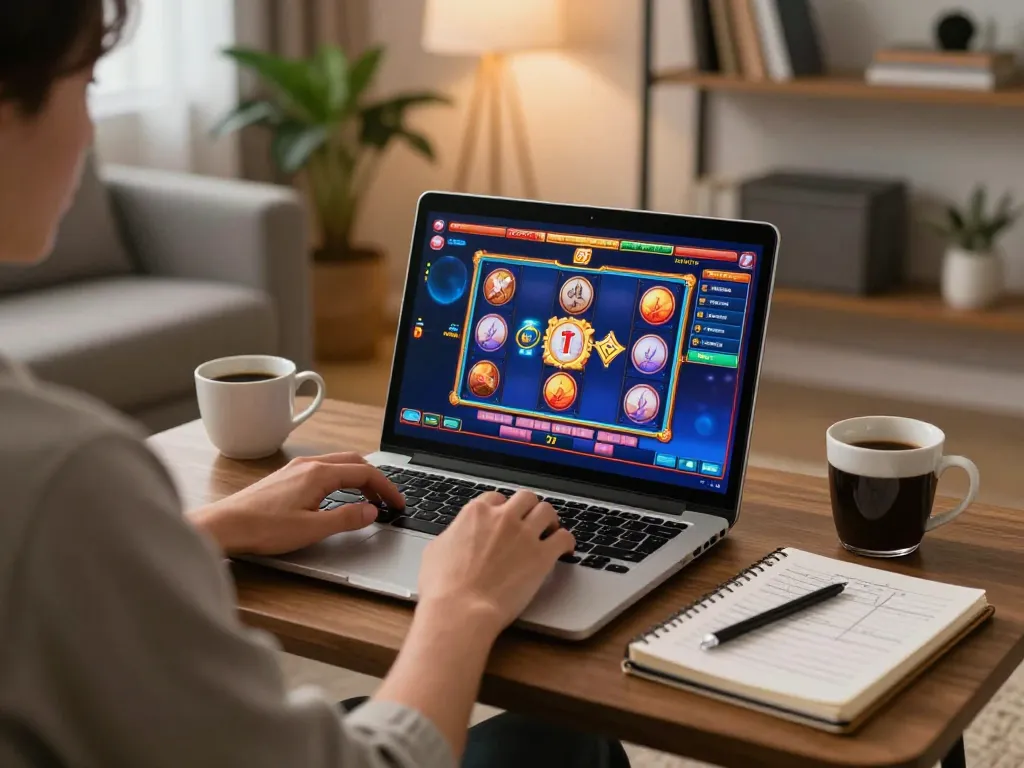 Person engaged in situs slot gaming online from home, showcasing strategies and relaxed atmosphere