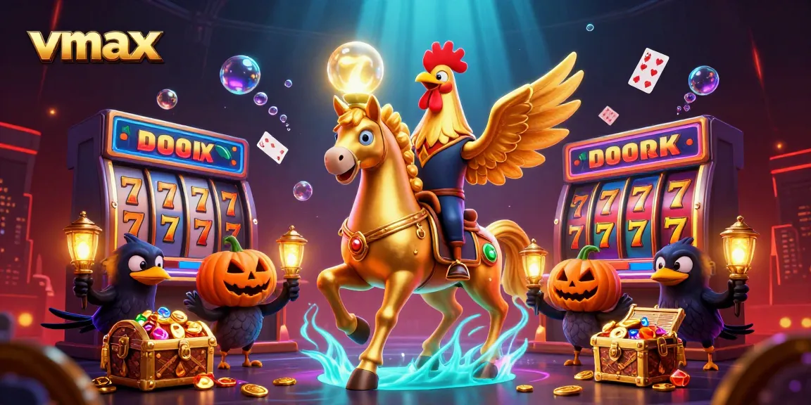 Join the vmax adventure with a golden rooster and friends in this vibrant casino gaming scene.