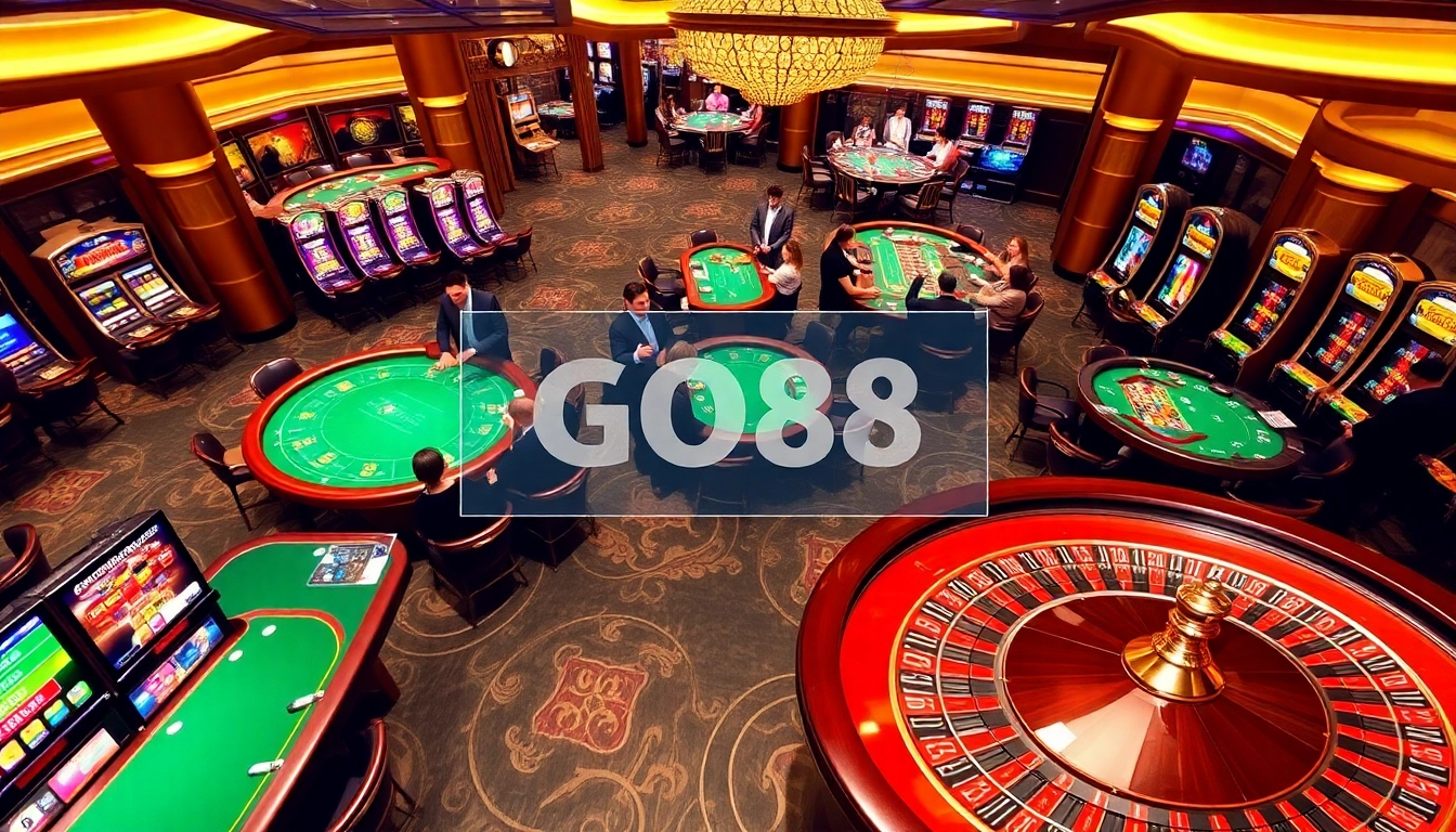 Casino gaming excitement at https://go88.fast/ with vibrant tables, dealers, and slot machines.
