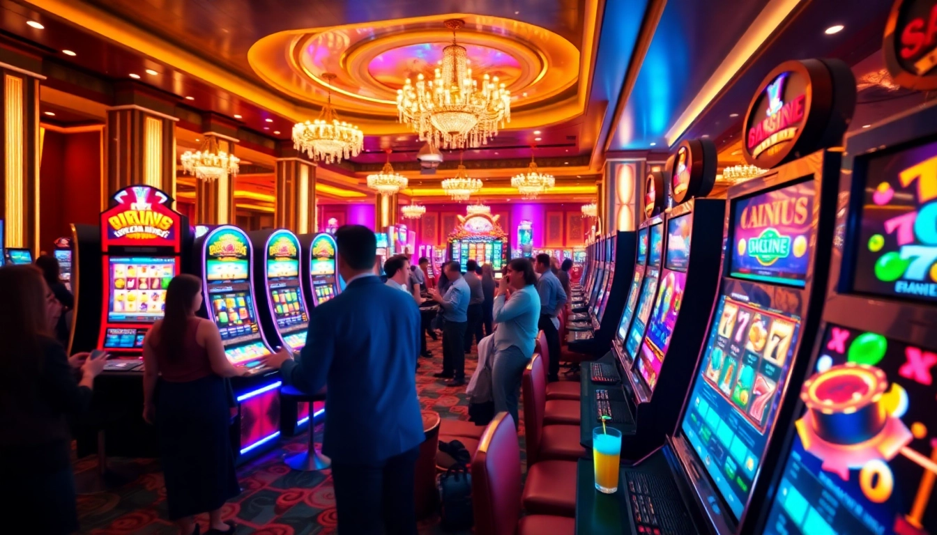 Memainkan slot online di kasino dengan mesin berwarna-warni dan suasana yang meriah.