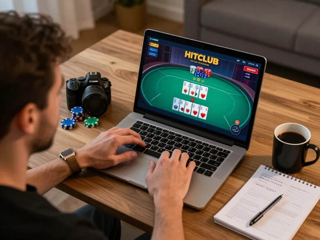 Player immersing in a strategic HITCLUB poker game at home, demonstrating responsible gambling.