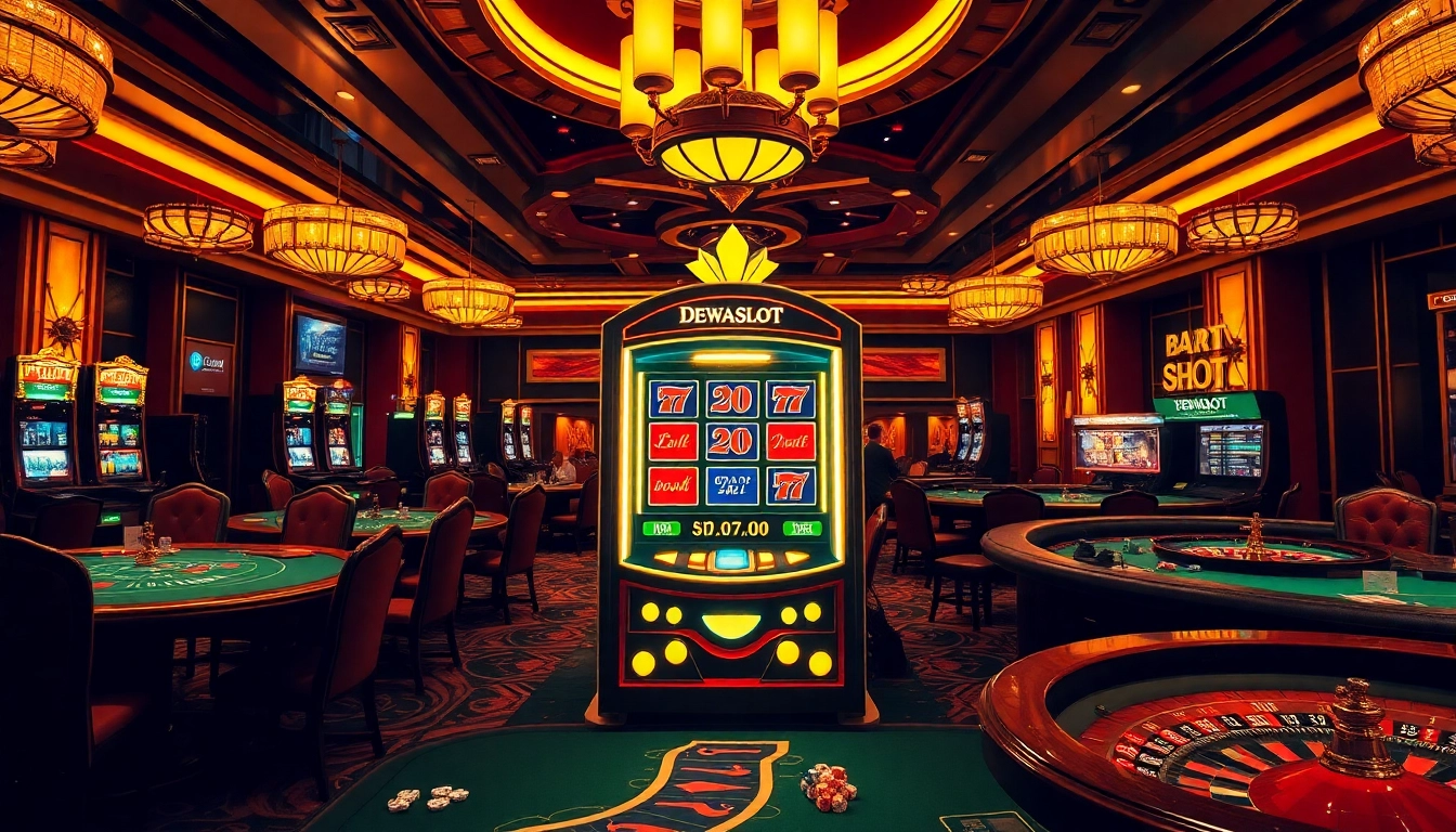 Play exciting dewaslot games at a luxurious casino table surrounded by vibrant gambling elements.