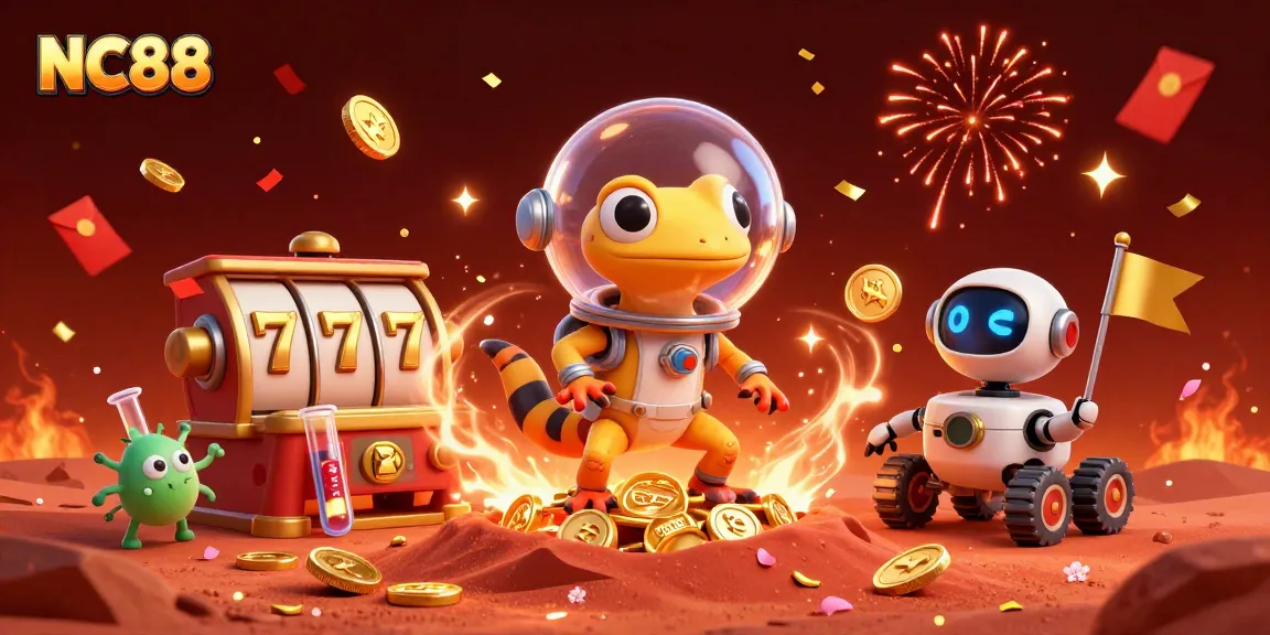 NC88 showcases a dynamic scene with a cartoon gecko discovering a golden casino amidst an exciting celebration.