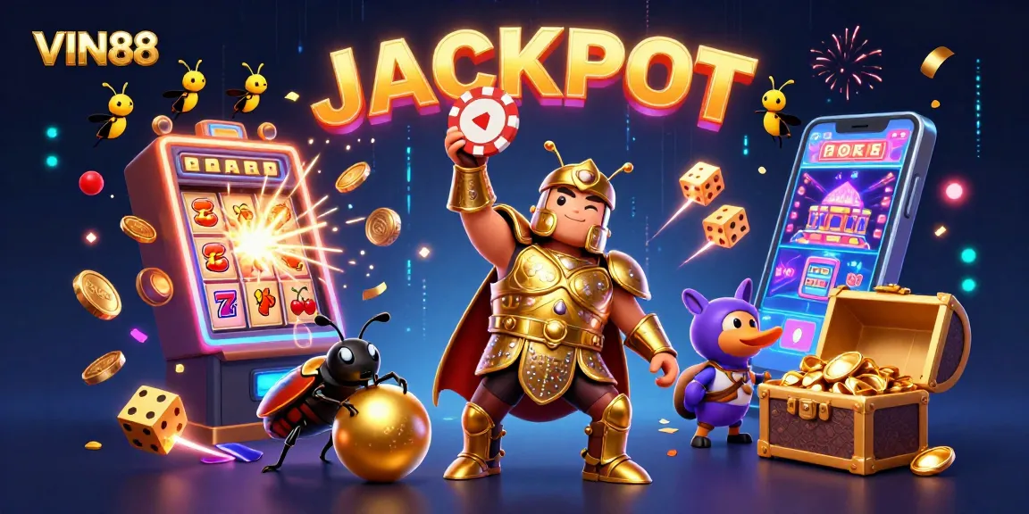 Join the VIN88 experience with an epic jackpot celebration scene, showcasing exciting casino elements.