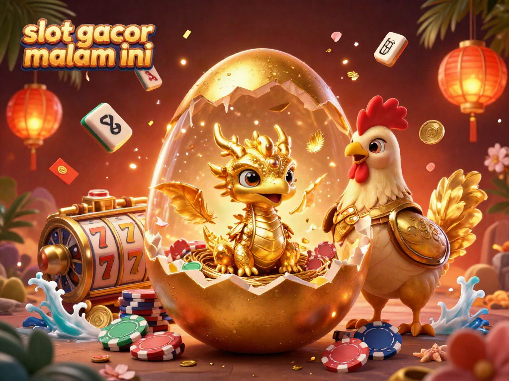 Spin to win on slot gacor malam ini with a golden dragon and poker chips in a festive casino scene.